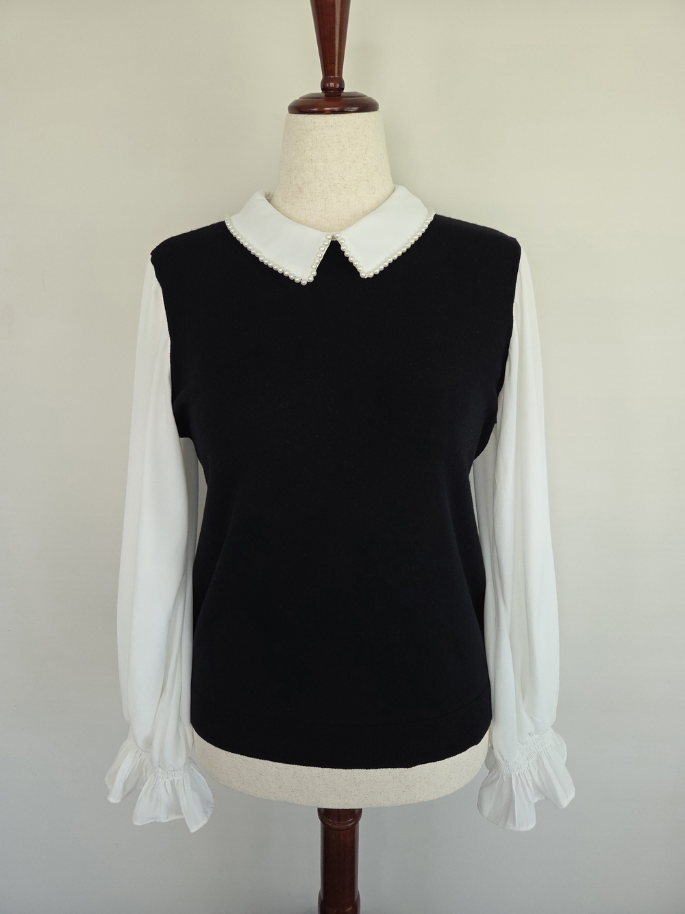 CeCe Black Twofer Blouse Pearl Trim Collar Layered Knit Sweater Top-Size L